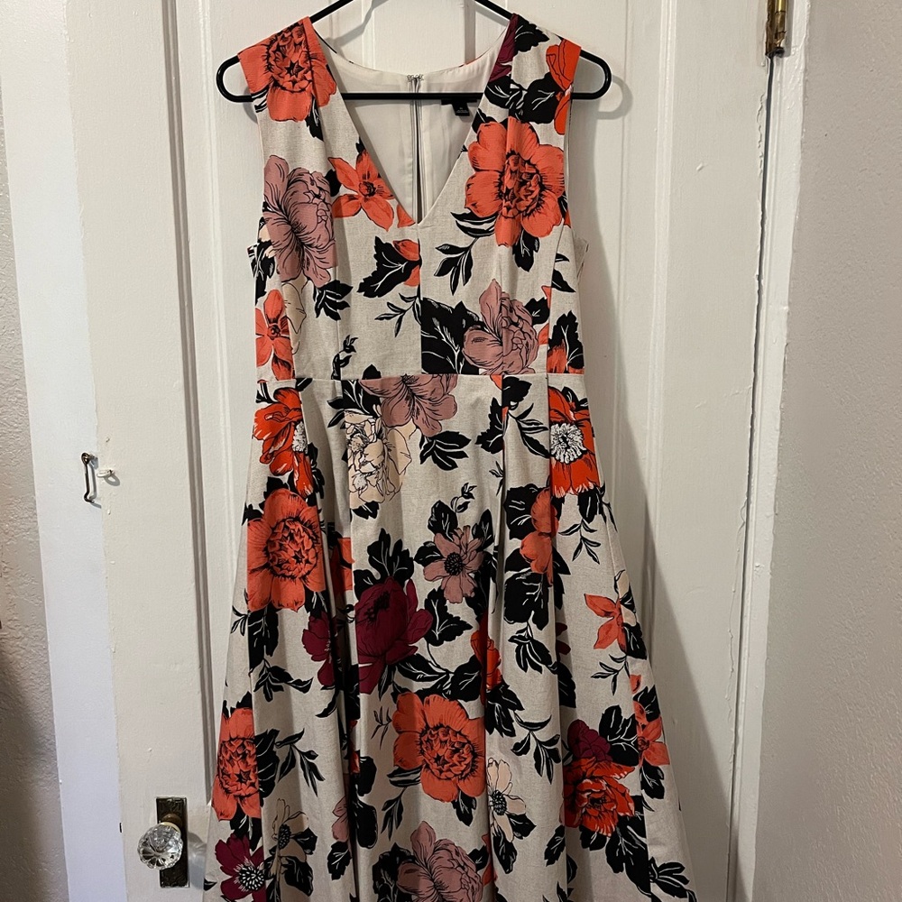 Ann Taylor Floral Midi Dress - Cream, Red, and Black